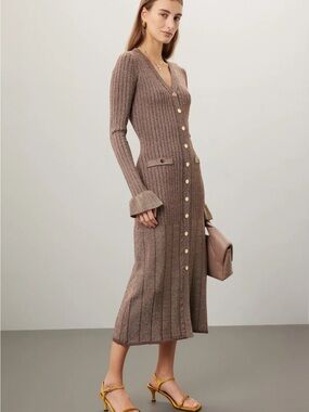 NWT Rachel Parcell Button Up Midi Sweater Dress~Brown/Gold Multi